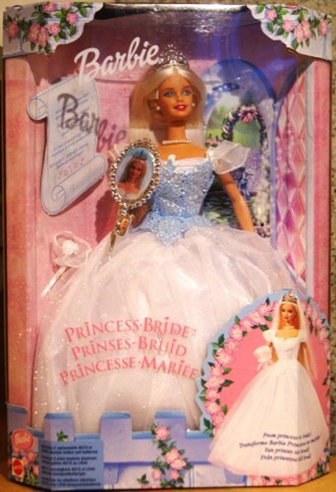 Barbie Princess Bride pearl necklace and white heels complete two elegant looks for pretend weddings.