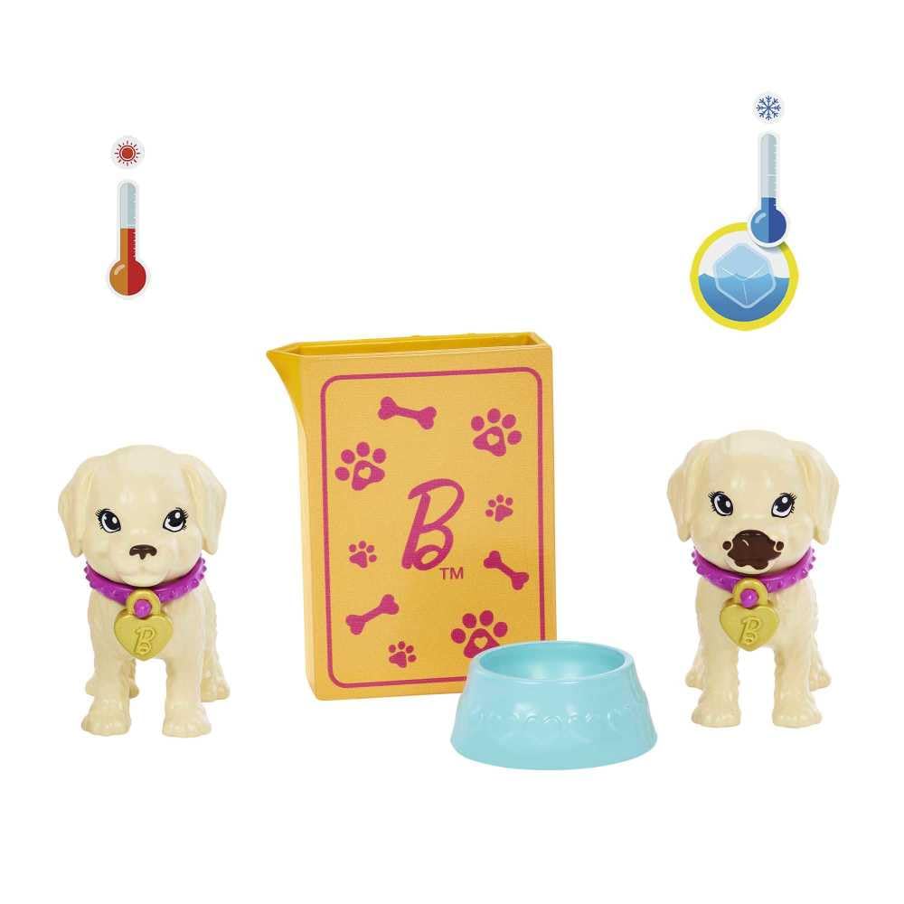 Barbie Pup Adoption toy accessories set including bed, leash, and mealtime pieces.