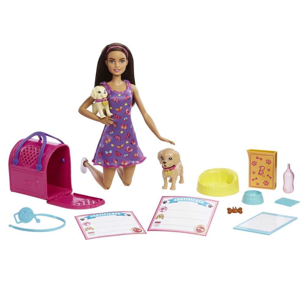 Barbie Pup Adoption doll with two puppies ready for nurturing play.