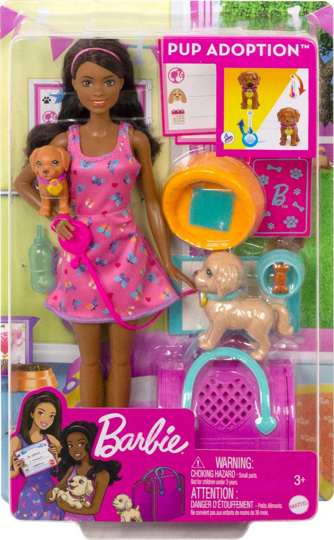 Barbie Pup Adoption doll with knees that bend for realistic nurturing moments.