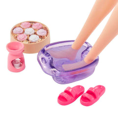Barbie puppy with pink eye mask enhances nurturing pretend play.