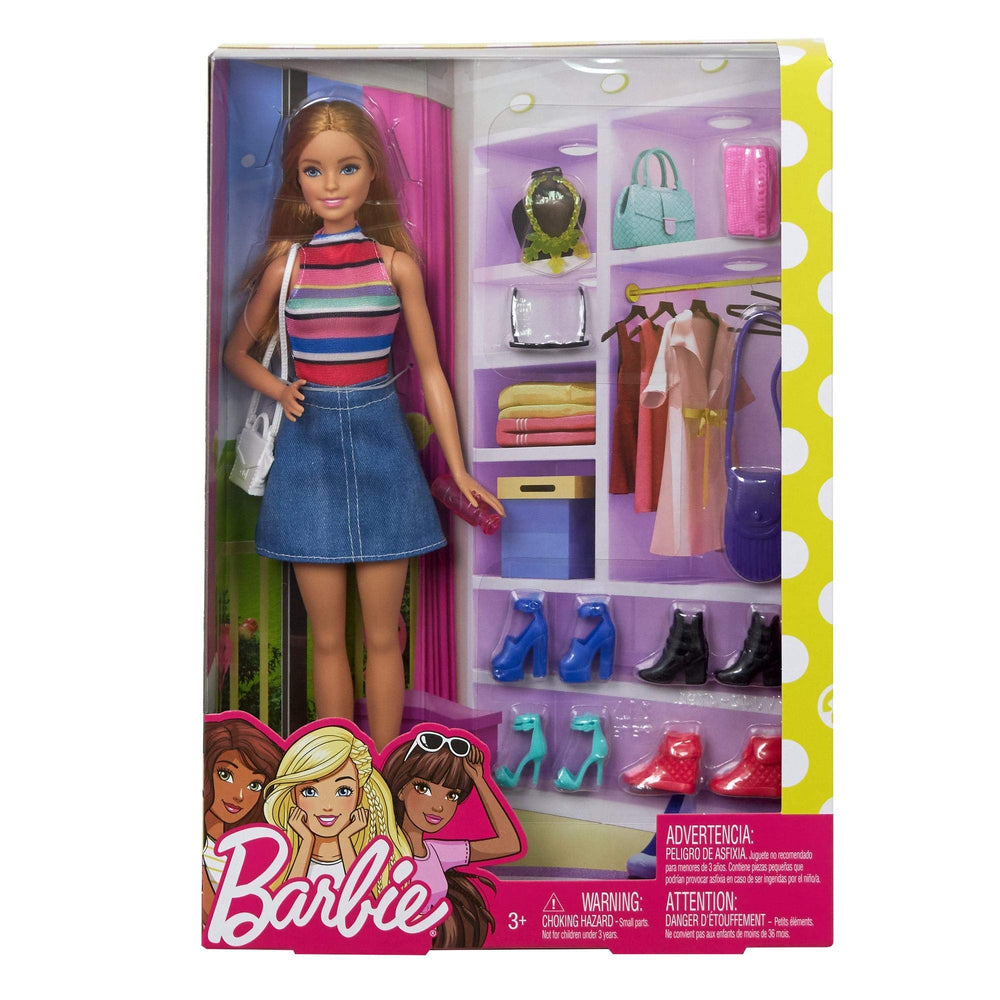 Barbie purple fringe purse and accessories complete a chic look.