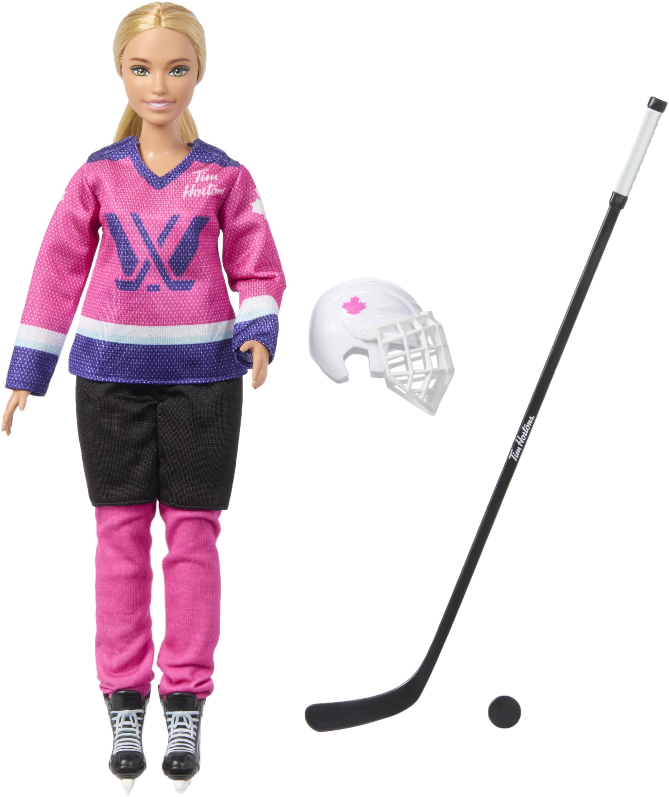 Barbie PWHL doll wearing helmet, ready to skate and imagine safe play.