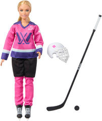 Barbie PWHL doll wearing helmet, ready to skate and imagine safe play.