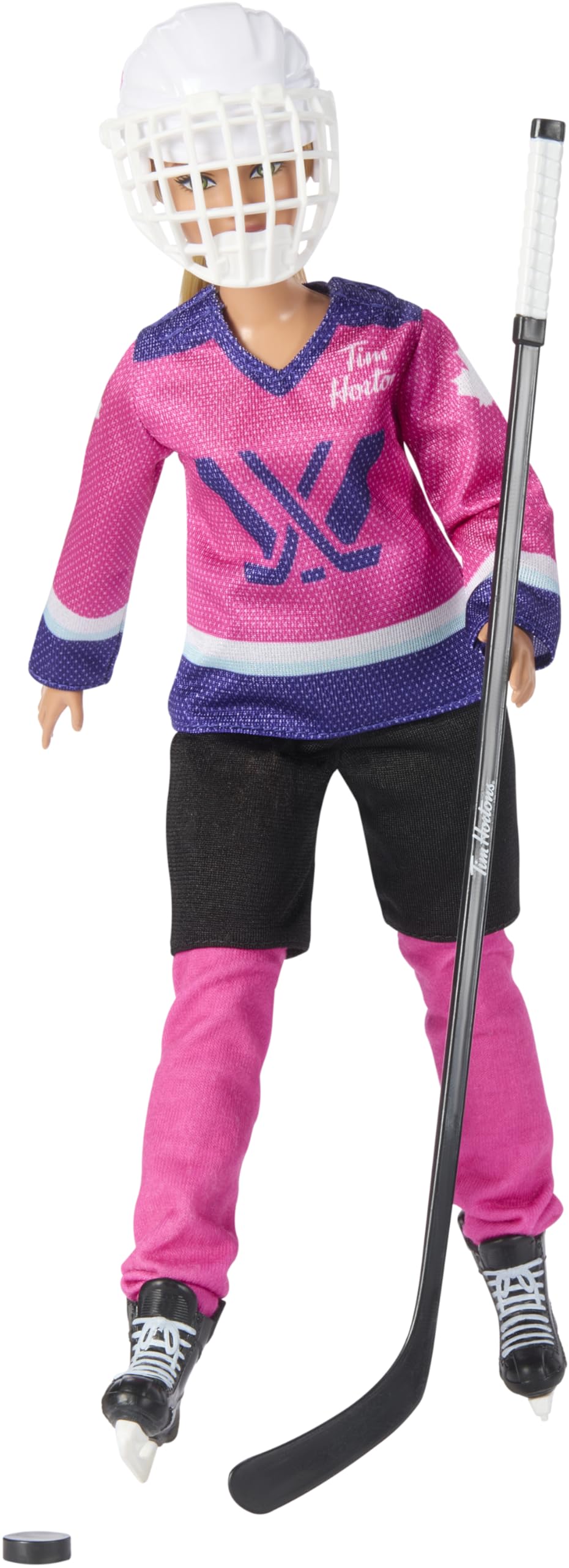 Barbie PWHL doll in pink, purple, teal jersey inspiring creative team play.
