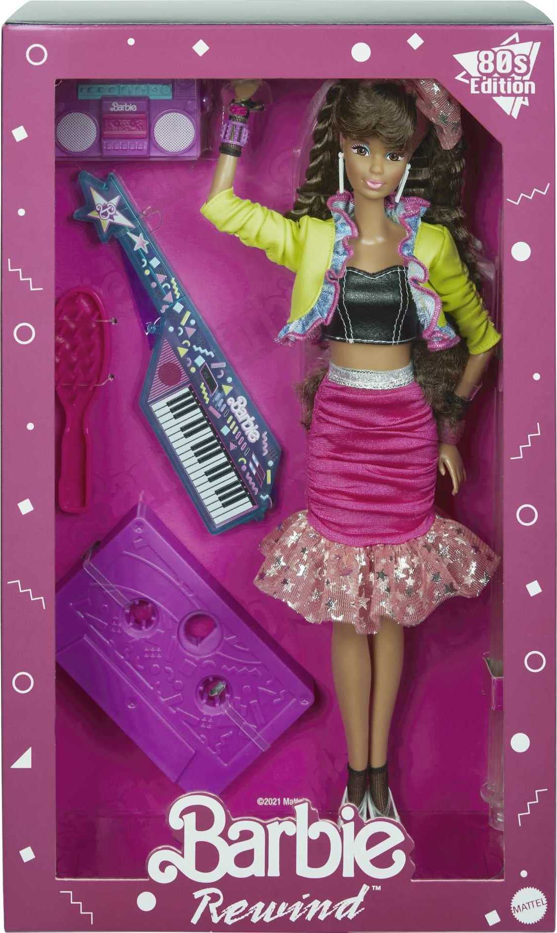 Barbie Rewind 80s Edition keytar, boombox, and mic accessories for stage play.