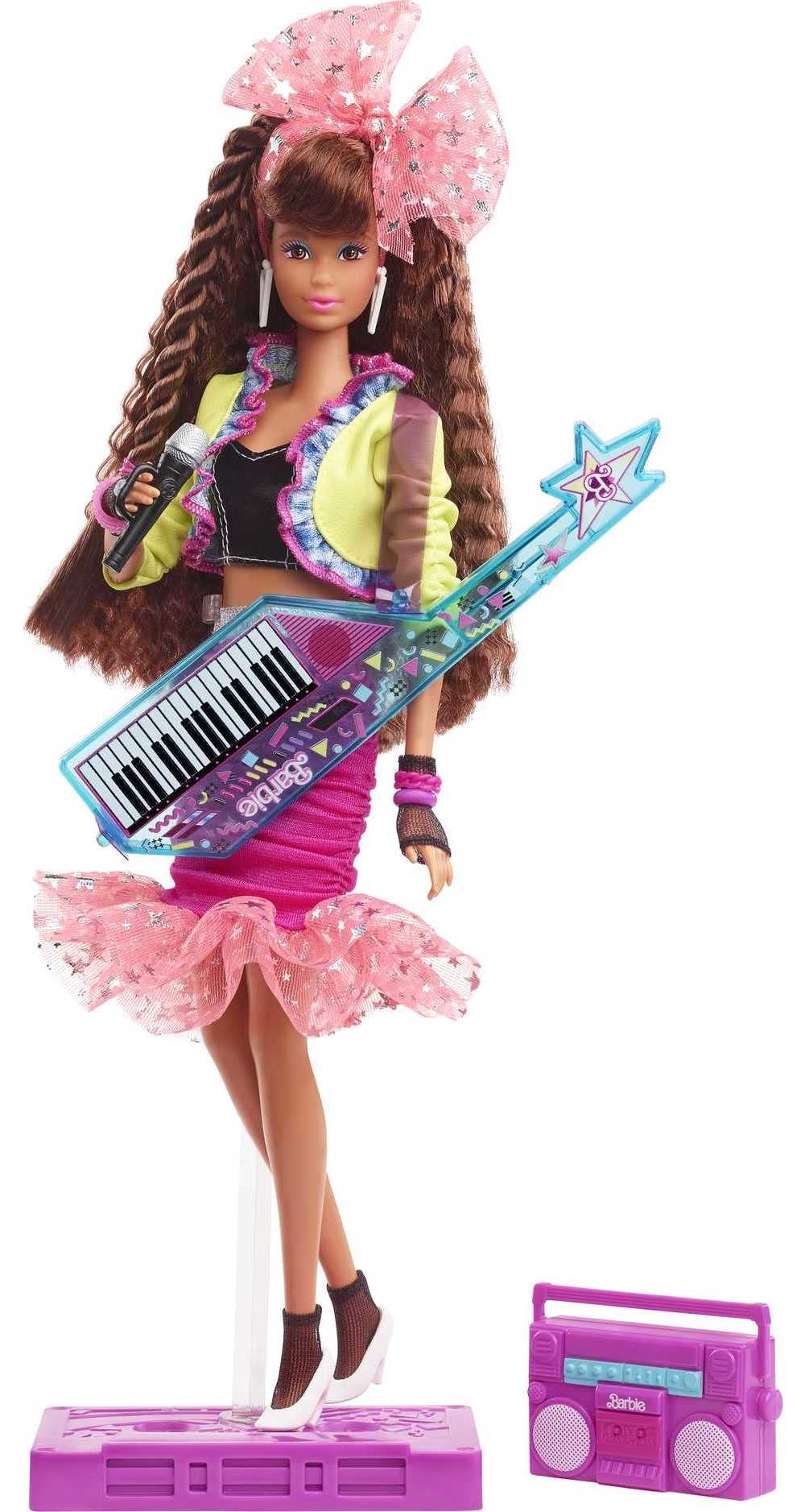 Barbie Rewind 80s Edition doll wearing neon jacket, ideal for retro party display.