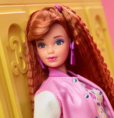 Barbie Rewind Doll acid-washed skirt focus, nostalgic fashion dioramas.