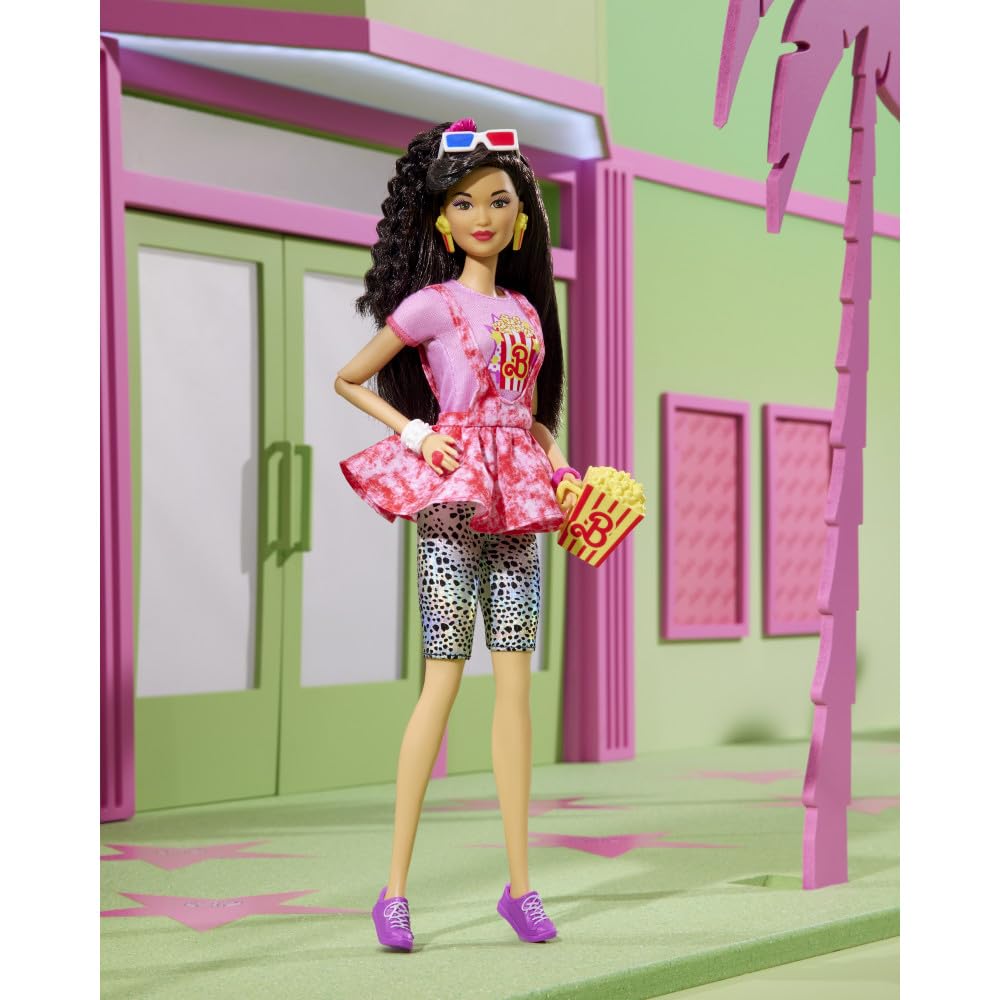 Barbie Rewind doll with black hair scrunchie highlights 80s styling for collectors.
