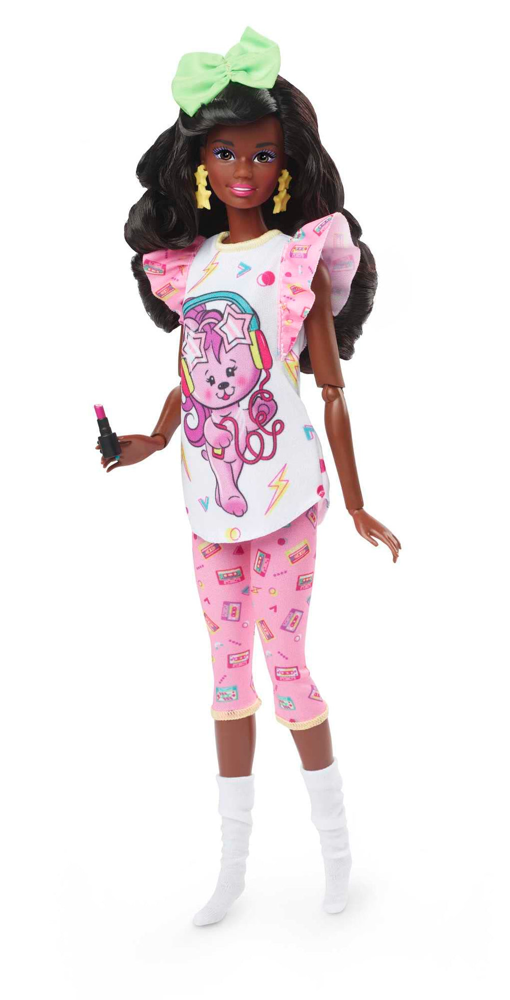 Barbie Rewind doll with bold hairbow and socks to highlight 80s styling