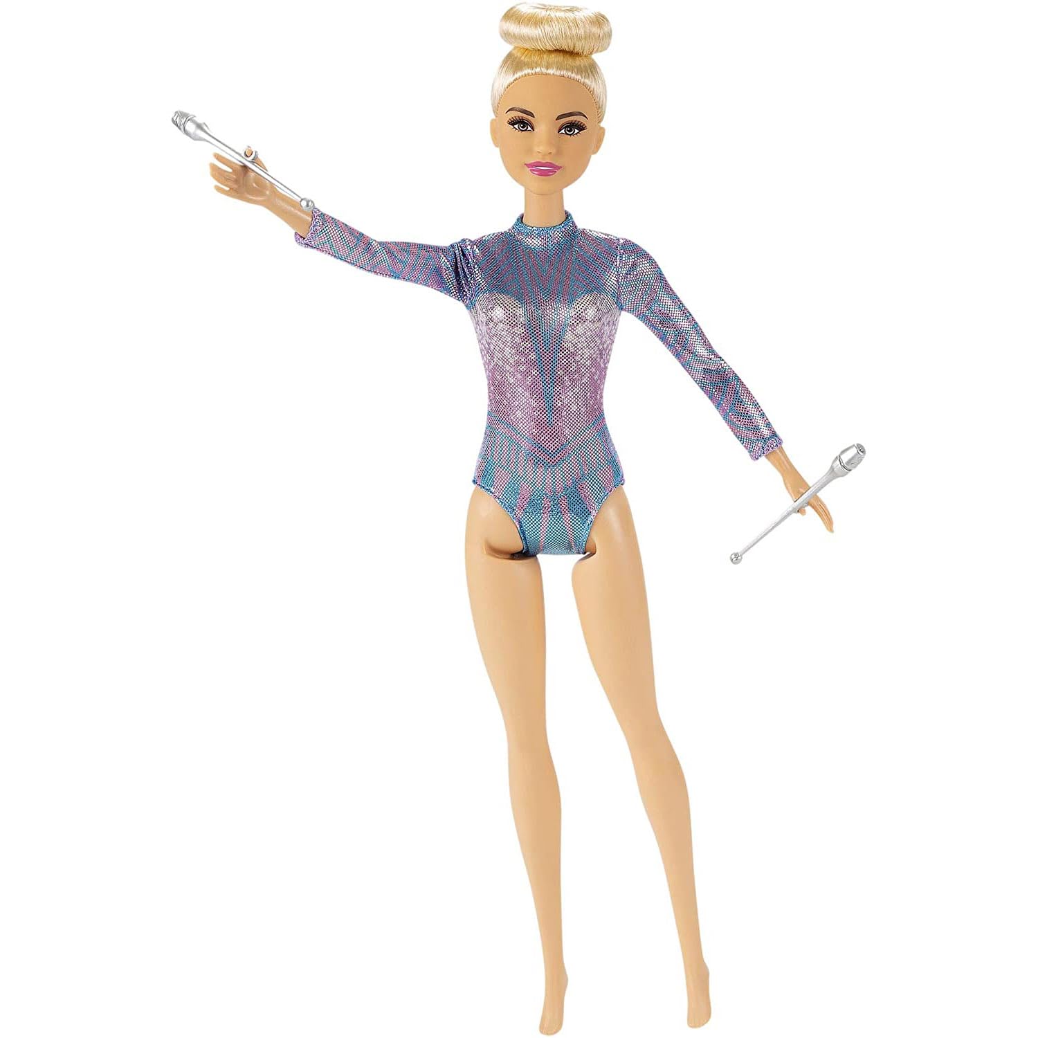 Barbie rhythmic gymnast doll packaging image showing included accessories.