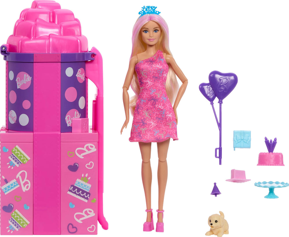 Barbie Rise & Surprise doll peeks from stacked presents for imaginative play