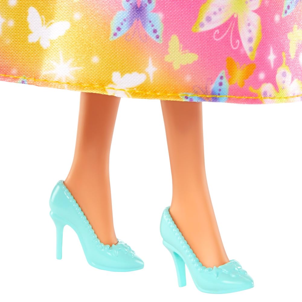 Barbie Royal Doll butterfly-print skirt invites colorful adventures.