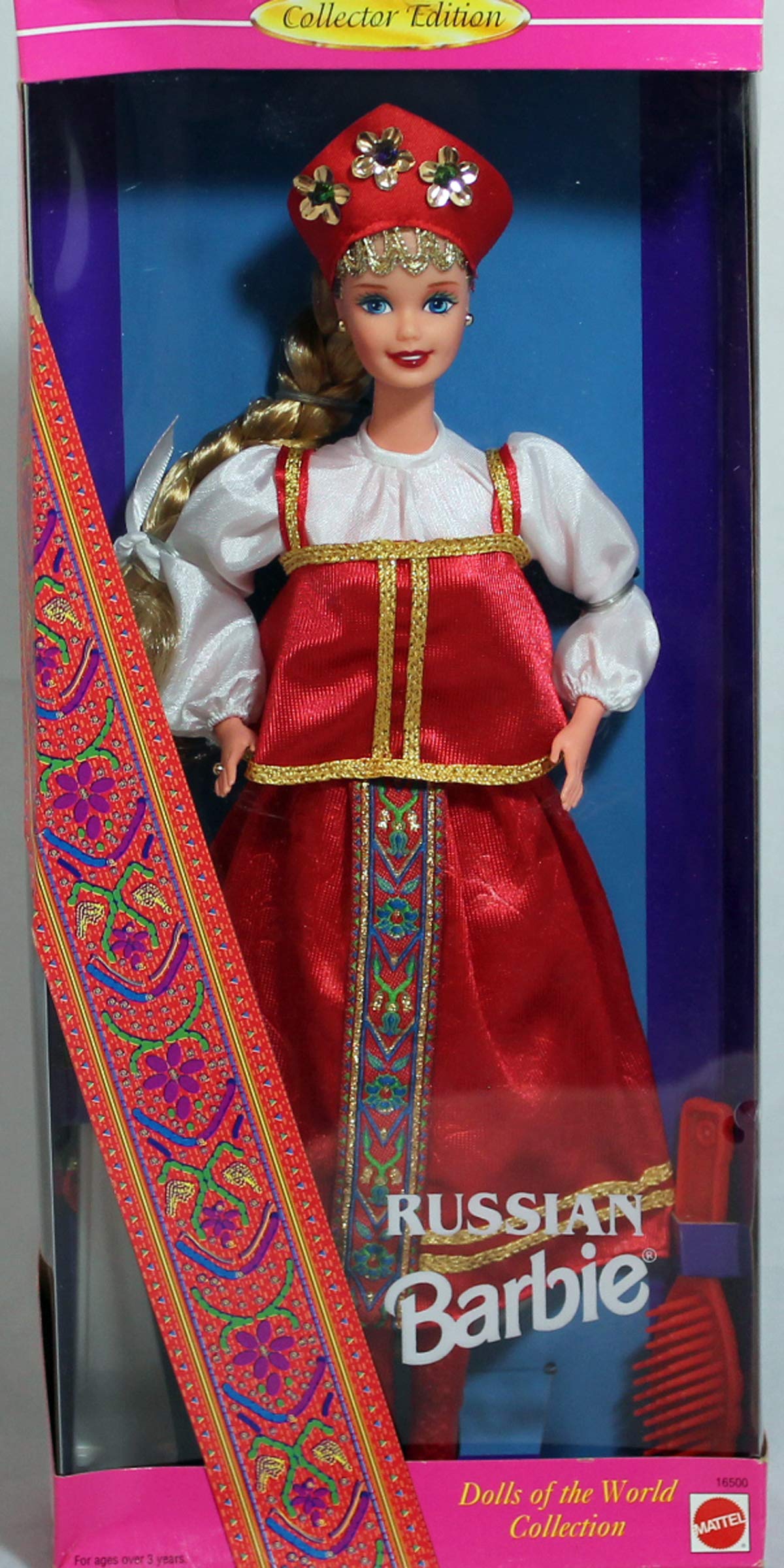 Barbie Russian Doll 1996 full costume displays authentic traditional attire for display.