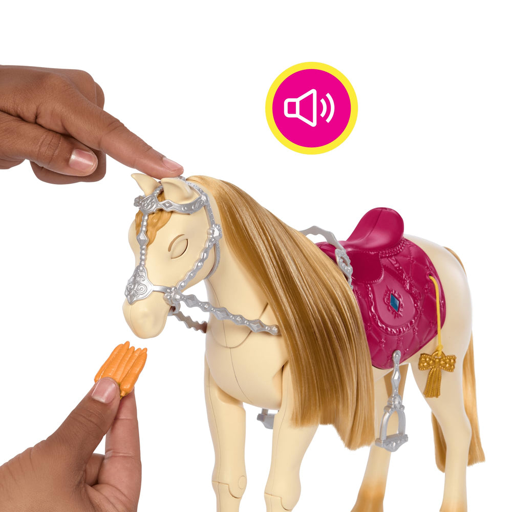 Barbie saddle gem activation plays show-inspired songs during play.