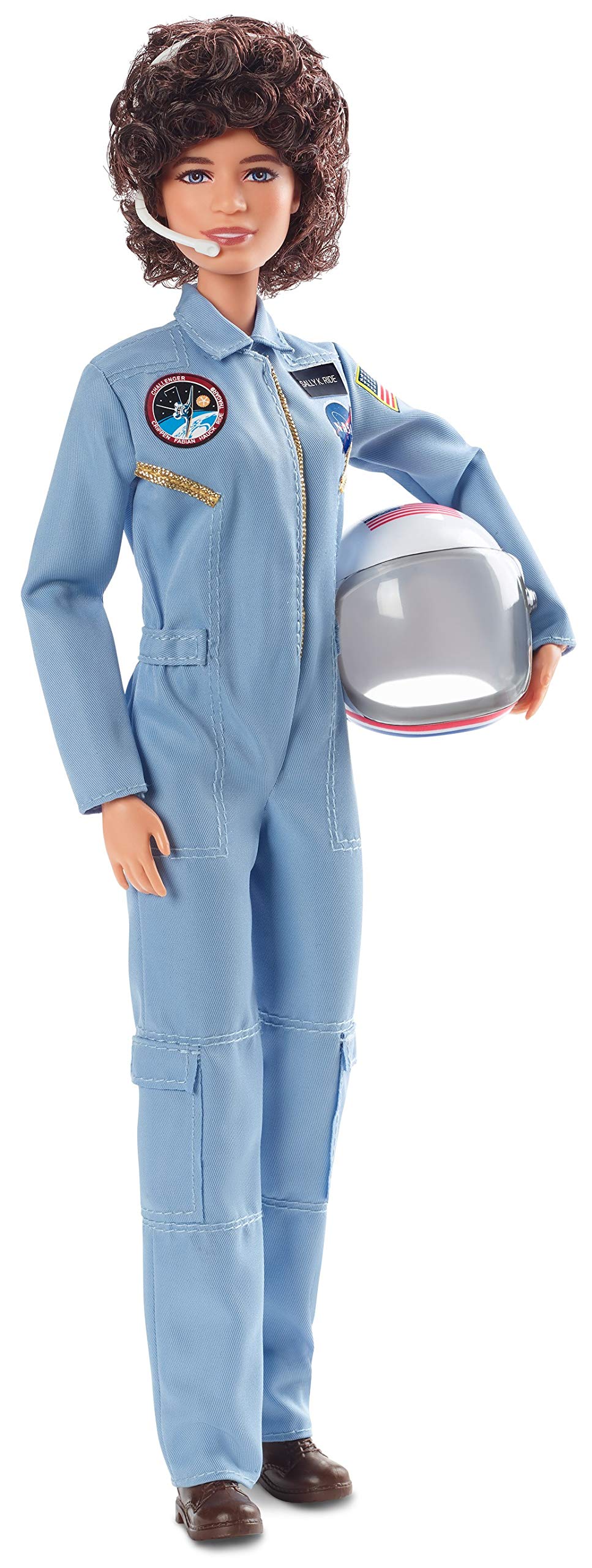Barbie Sally Ride doll in blue flight suit with NASA insignias for educational play