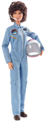 Barbie Sally Ride doll in blue flight suit with NASA insignias for educational play