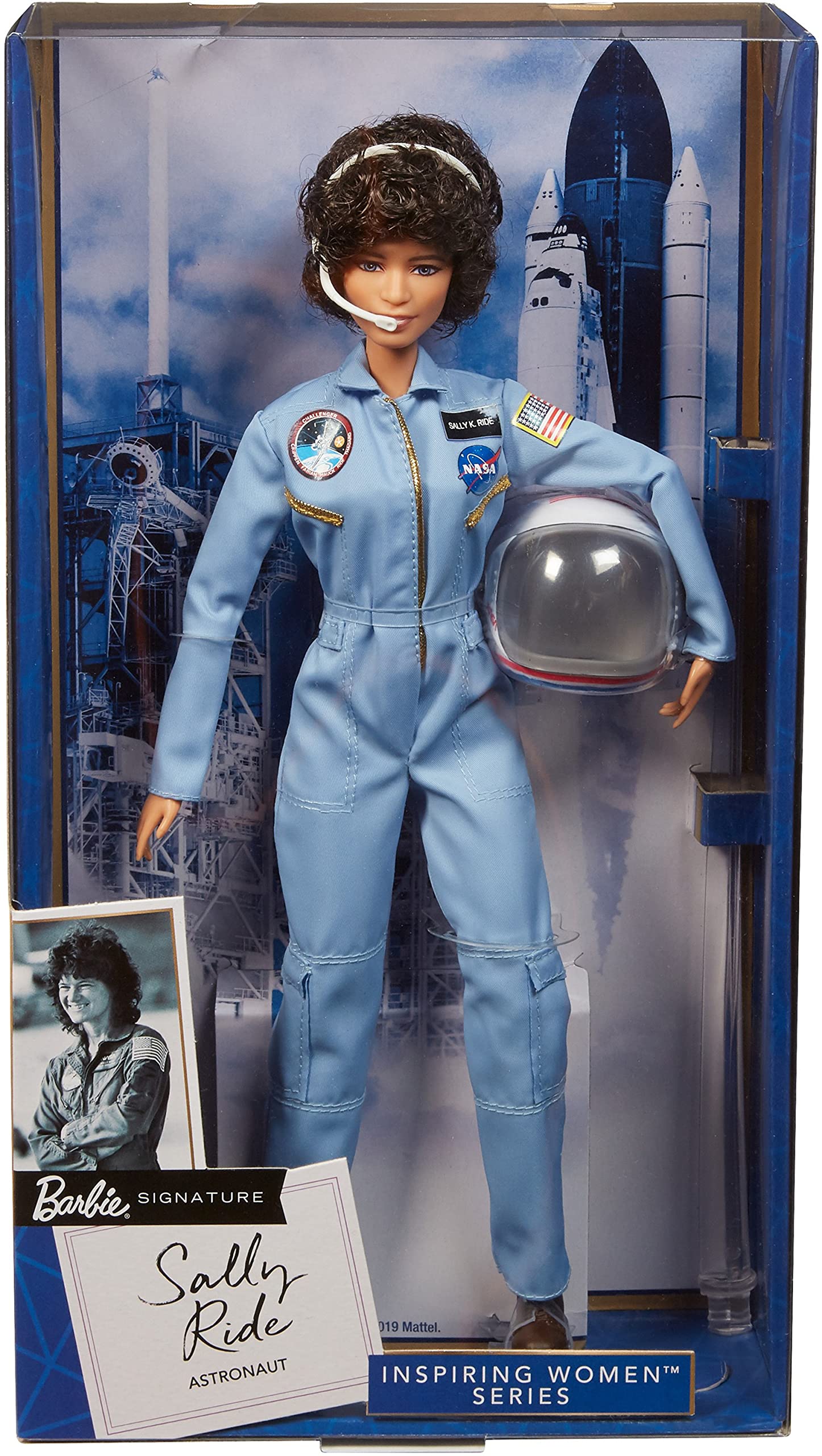 Barbie Sally Ride with Challenger insignias and NASA logos for educational inspiration