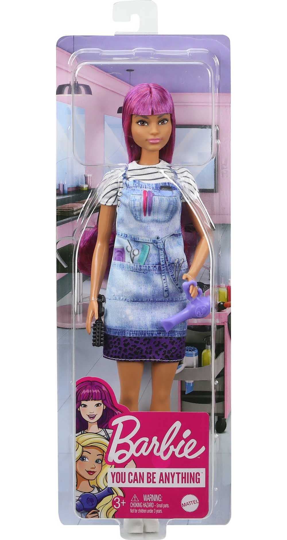 Barbie salon stylist doll includes two clips and styling accessories for creativity