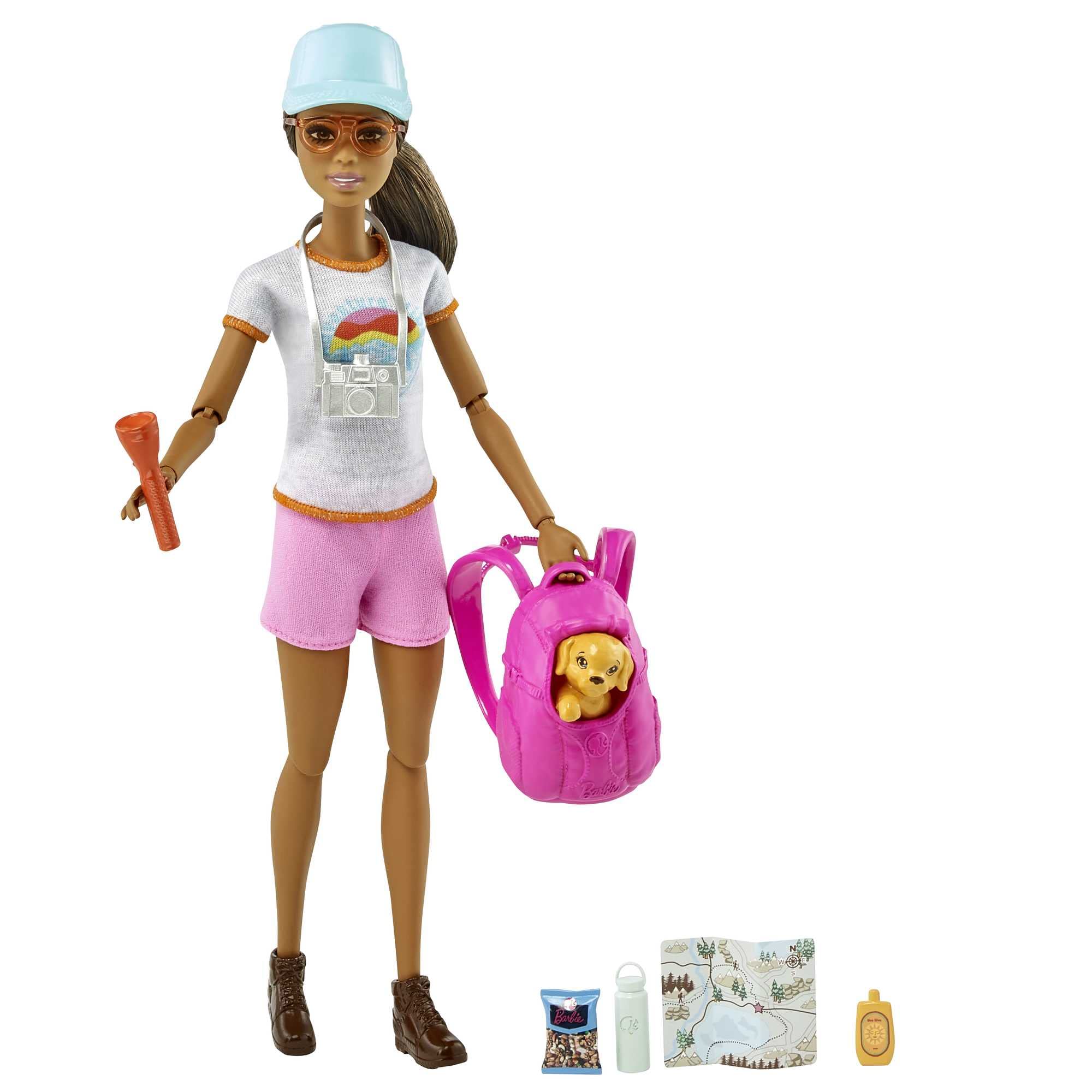 Barbie self-care hiking doll with puppy and backpack for imaginative outdoor adventures.
