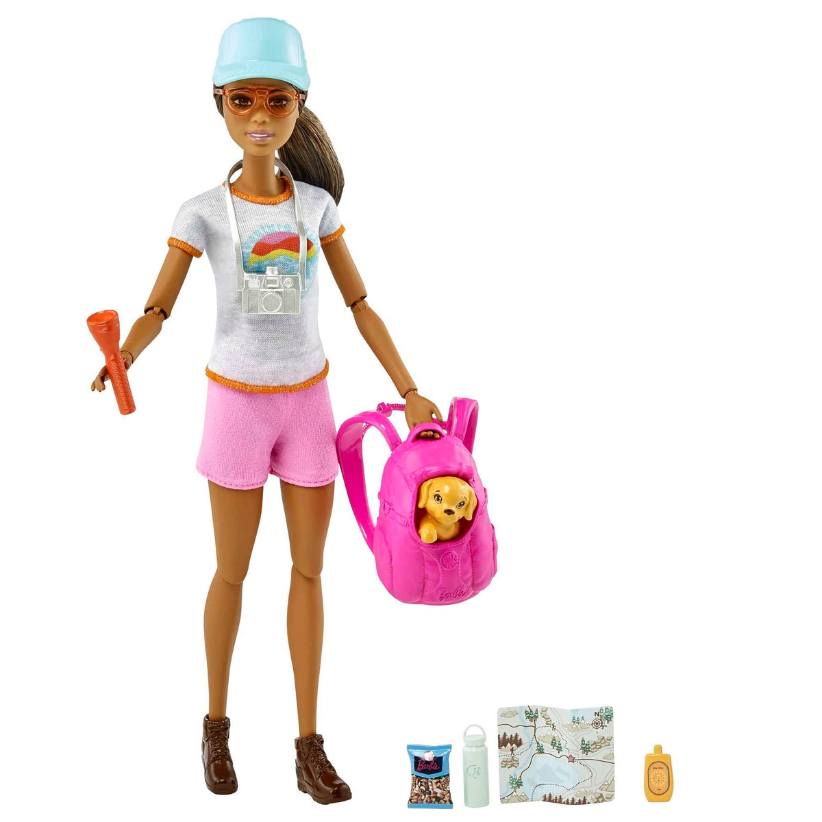 Barbie self-care hiking doll with puppy and backpack for imaginative outdoor adventures.