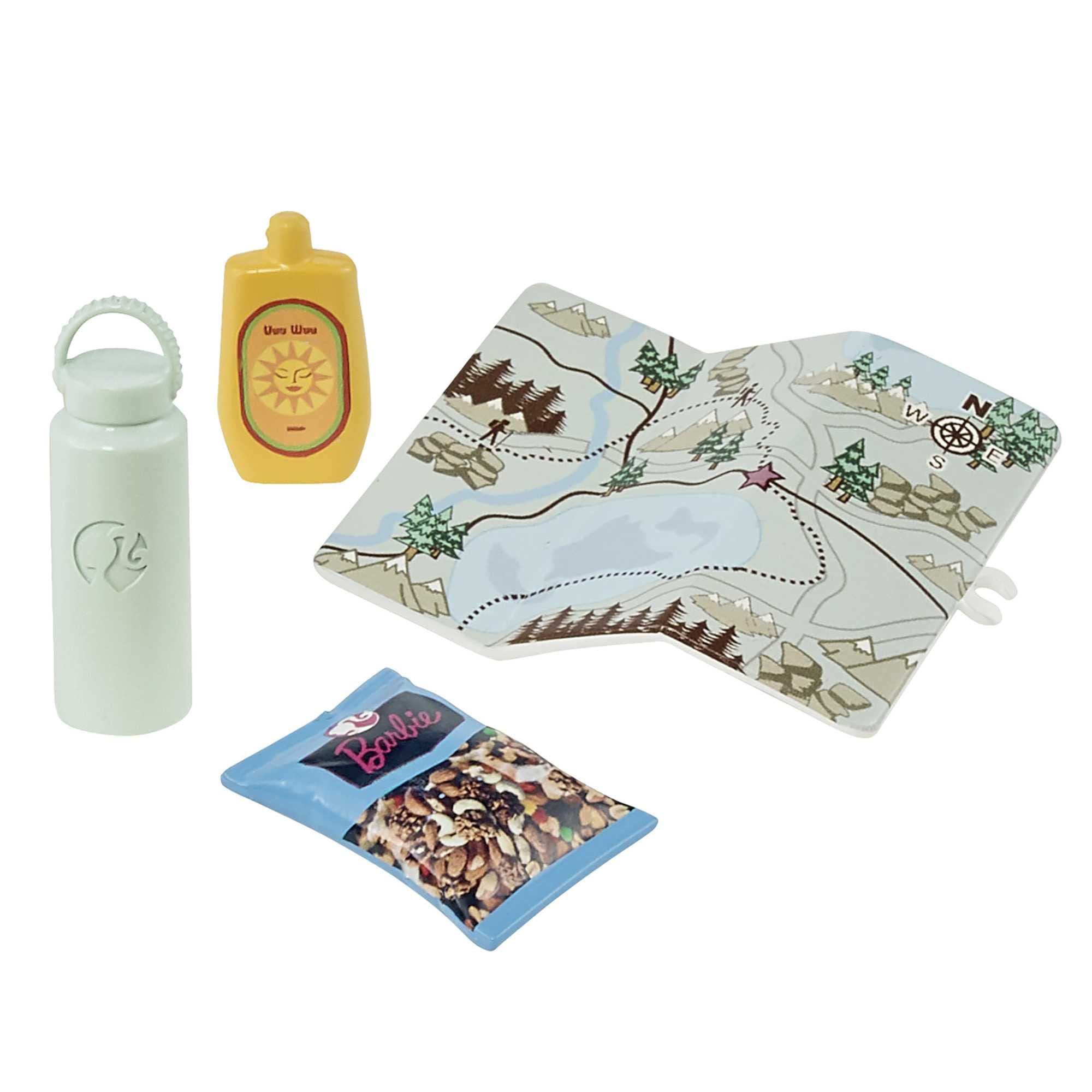 Barbie self-care doll hiking accessories including water bottle and flashlight for role-play.