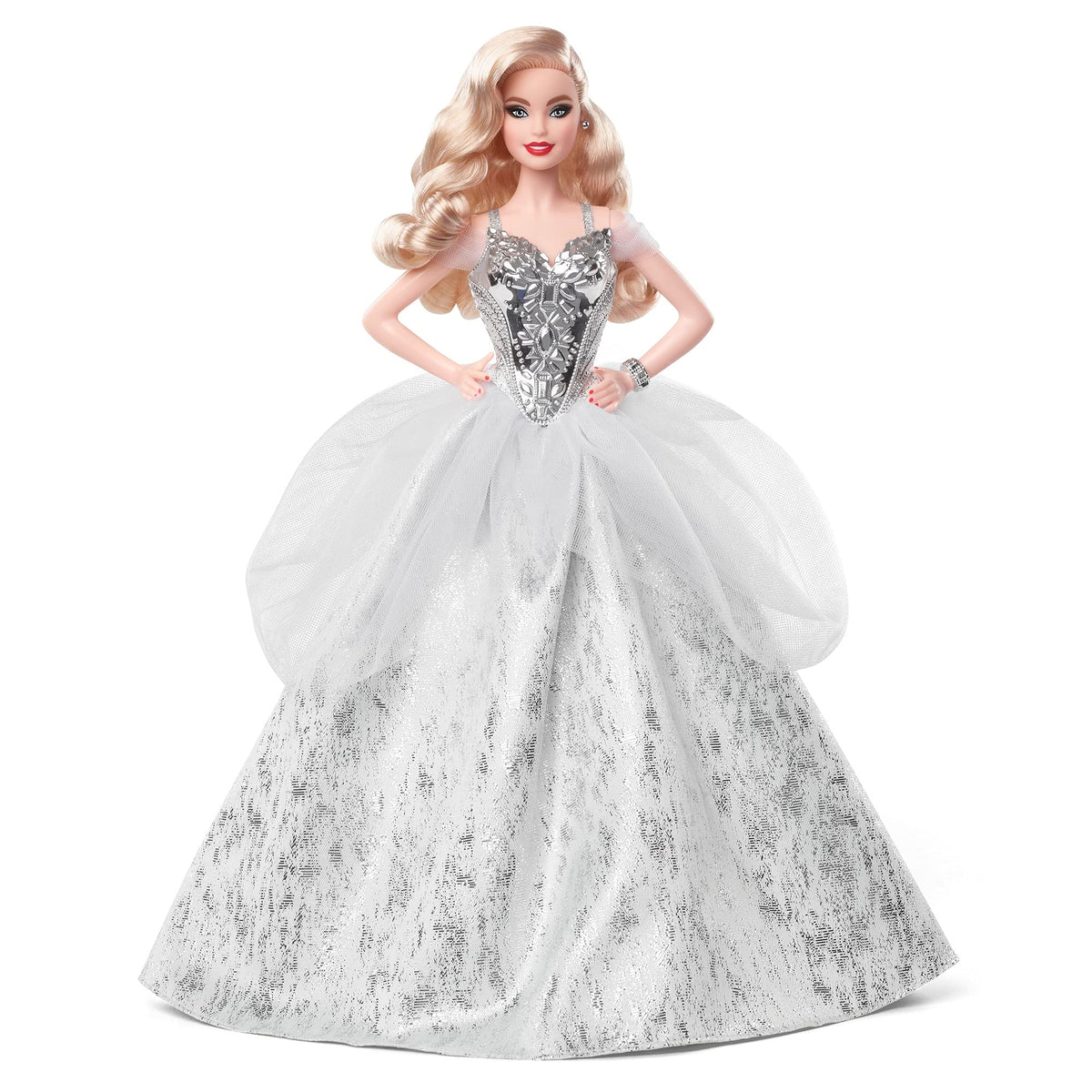 Barbie Signature 2021 Holiday doll gown detail highlights metallic bodice and festive shimmer for display