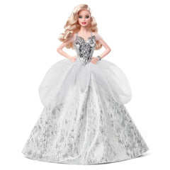 Barbie Signature 2021 Holiday doll gown detail highlights metallic bodice and festive shimmer for display