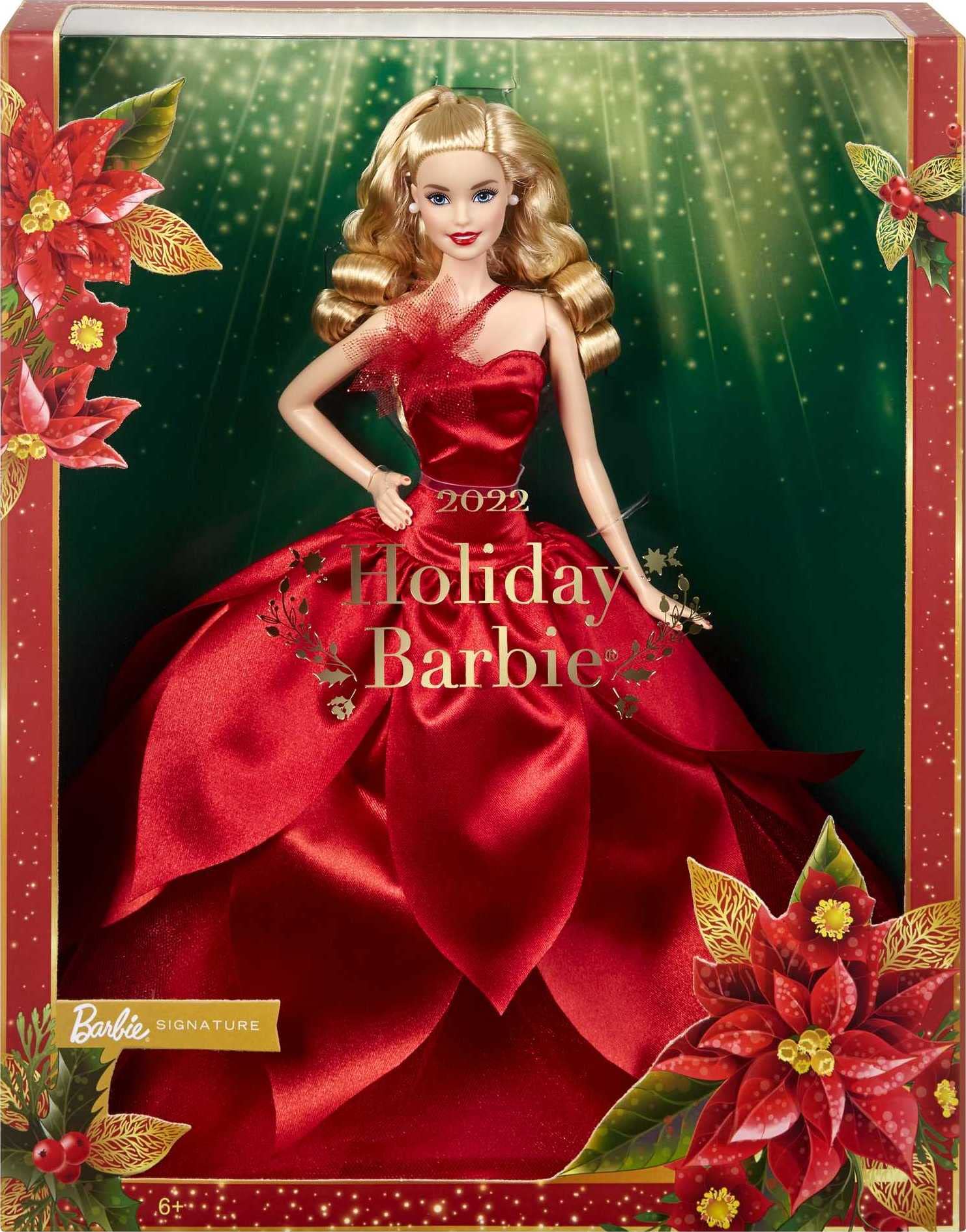 Barbie Signature 2022 Holiday Doll packaging shows stand and Certificate of Authenticity
