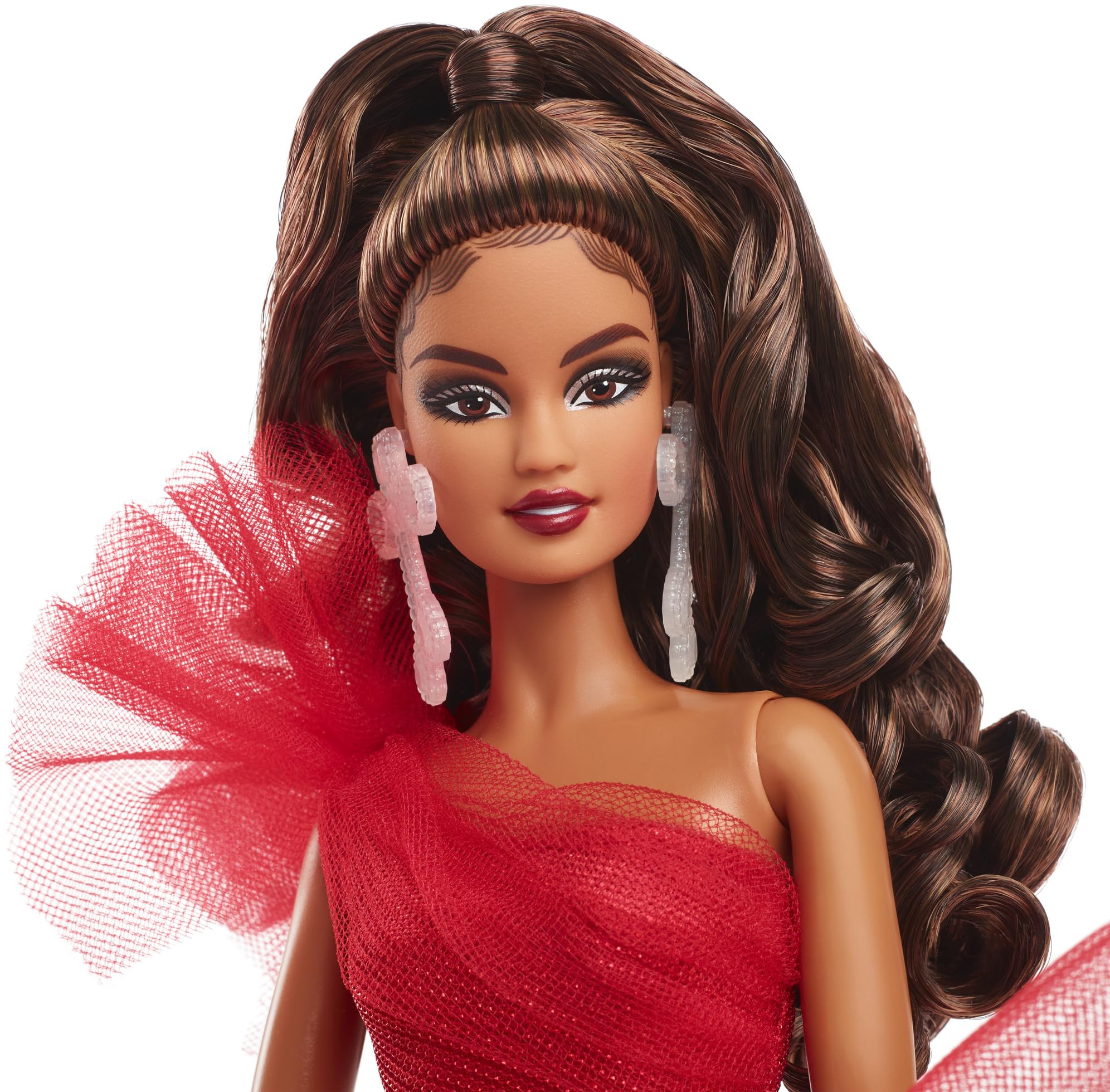 Barbie Signature 2024 Holiday Doll with draping one-shoulder red bodice and sparkle