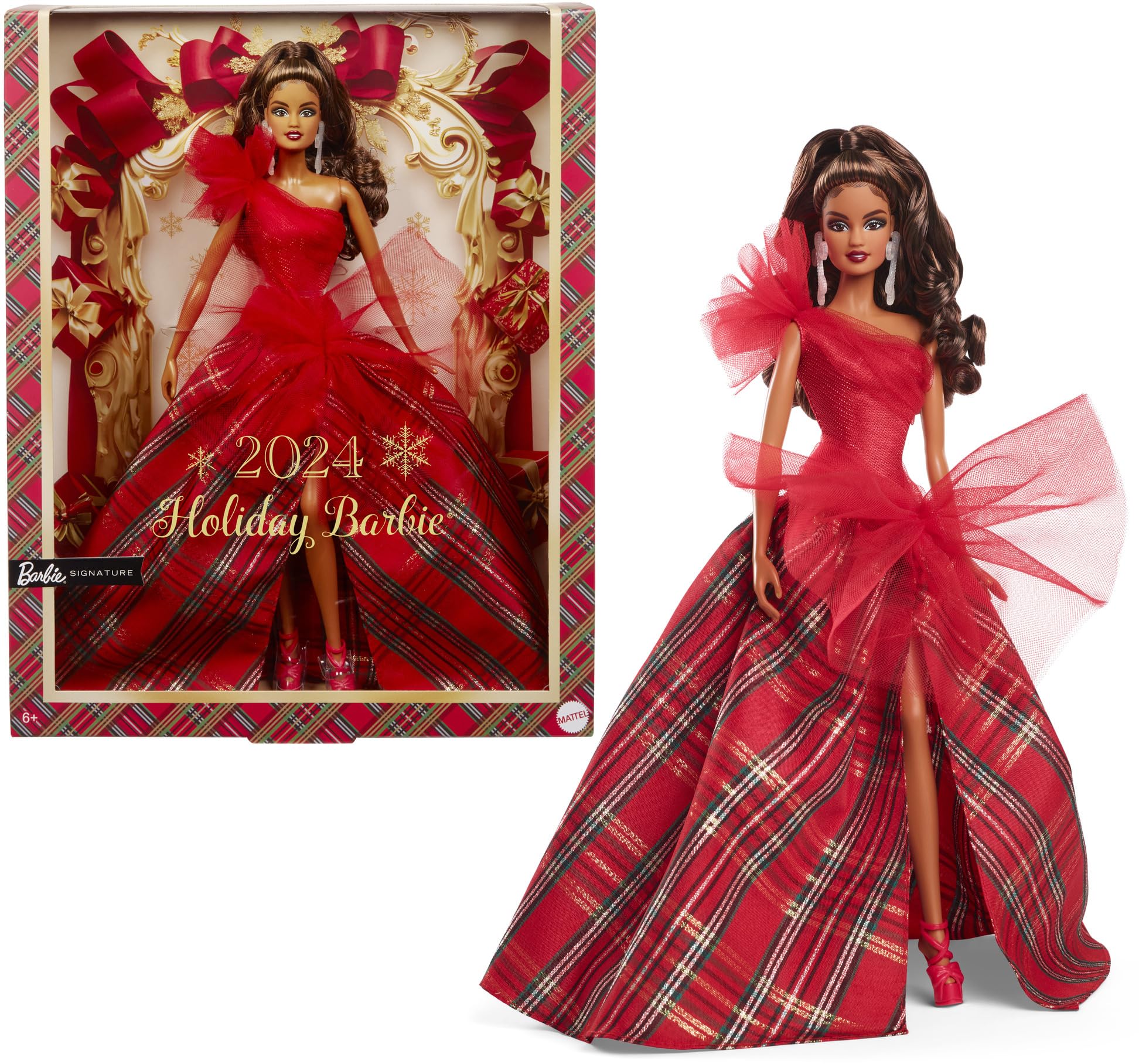 Barbie Signature 2024 Holiday Doll with light brown hair in plaid gown for display