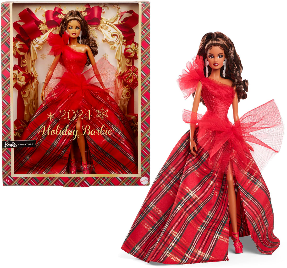 Barbie Signature 2024 Holiday Doll with light brown hair in plaid gown for display