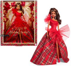Barbie Signature 2024 Holiday Doll with light brown hair in plaid gown for display