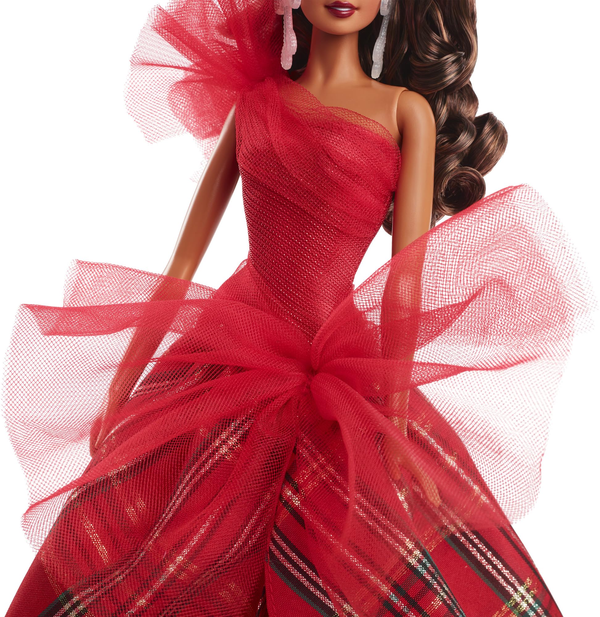 Barbie Signature 2024 Holiday Doll plaid ballgown skirt with leg slit for festive display