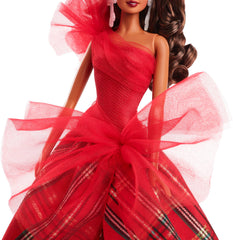 Barbie Signature 2024 Holiday Doll plaid ballgown skirt with leg slit for festive display