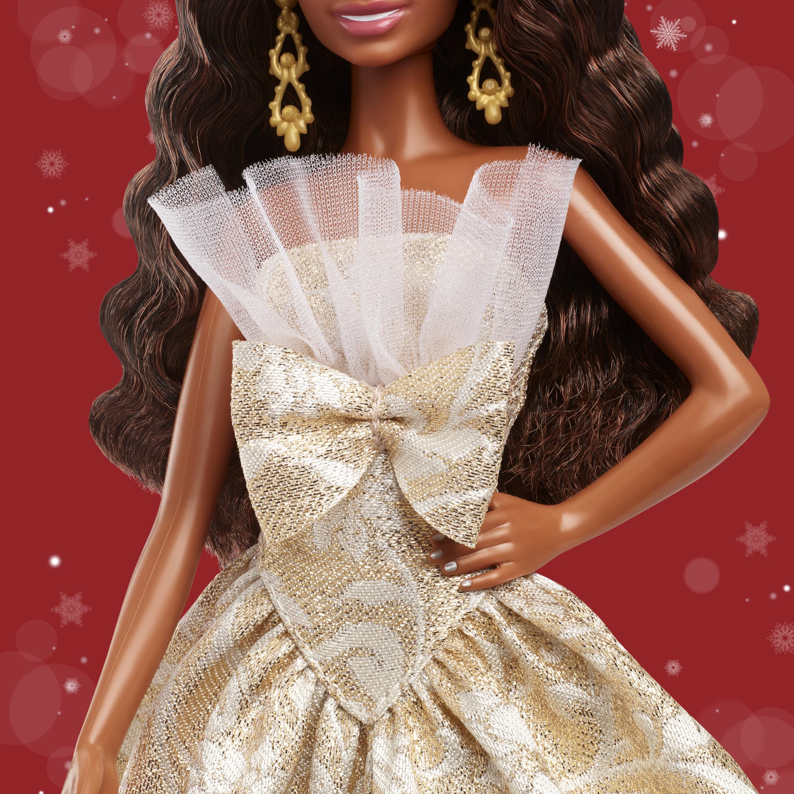 Barbie Signature 2025 Holiday damask-print skirt detail showcases shimmer.