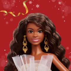 Barbie Signature 2025 Holiday doll with black hair and strapless gown, perfect for collectors.