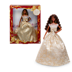 Barbie Signature 2025 Holiday doll in silver-gold gown, ideal for display.