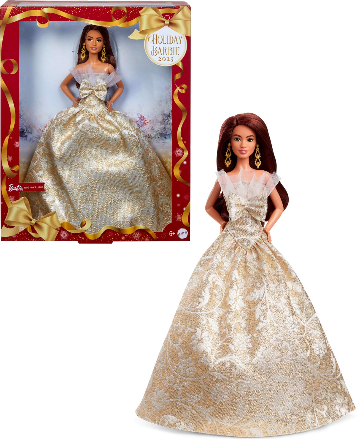 Barbie Signature 2025 Holiday doll in silver gown displayed in packaging for festive display.