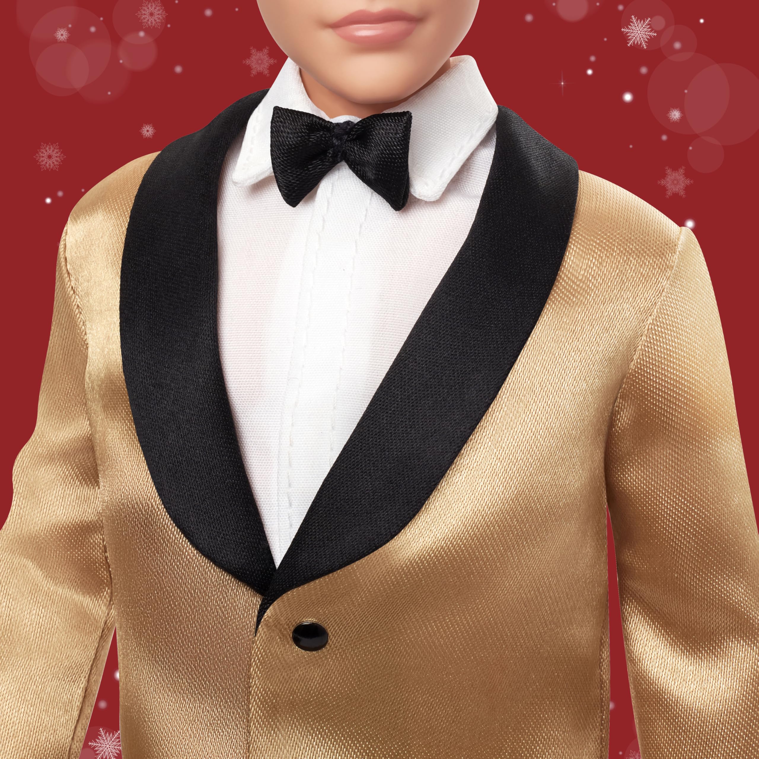 Ken wears black pants and shoes with a formal display look.