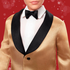 Ken wears black pants and shoes with a formal display look.