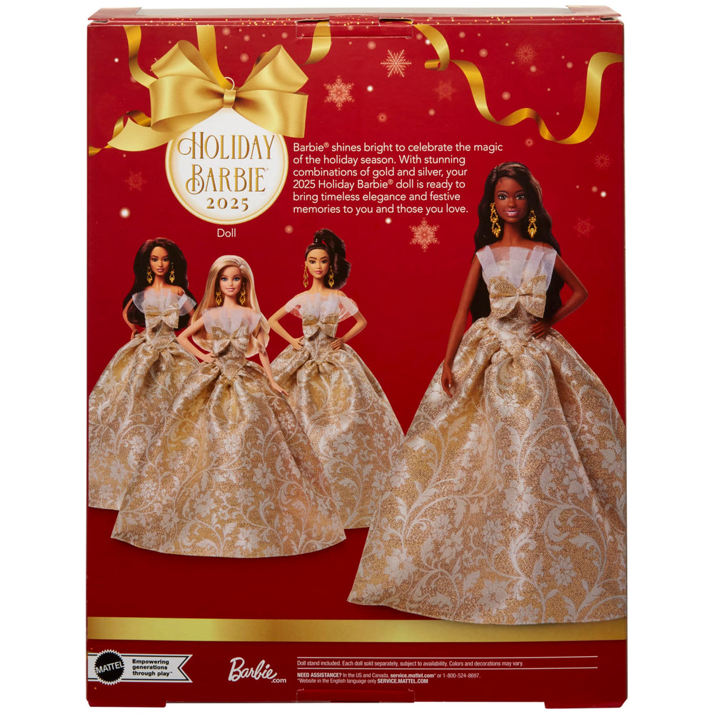 Barbie Signature 2025 Holiday packaging includes stand and certificate.