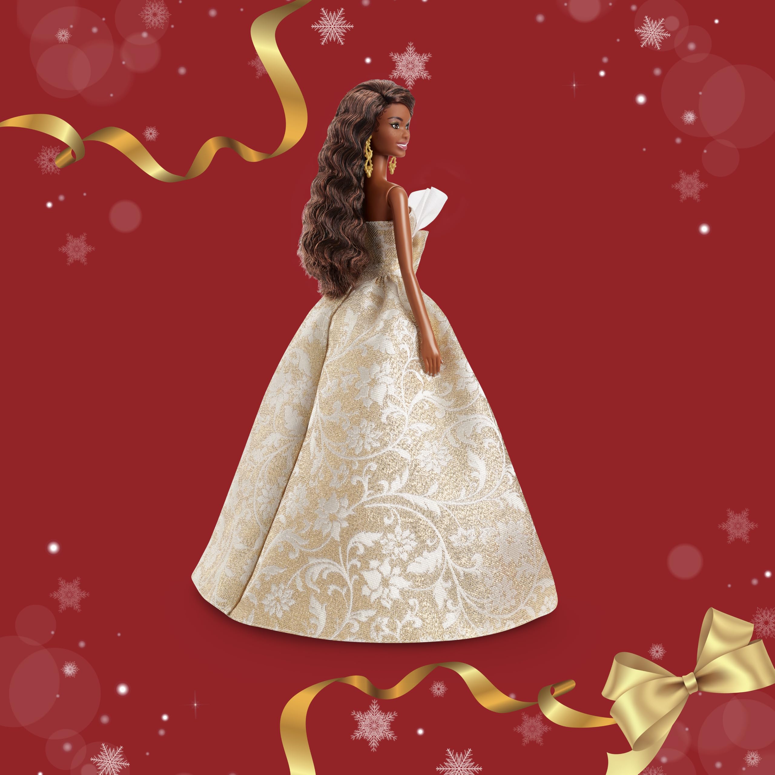 Barbie Signature 2025 Holiday pearlized gold heels complete the look.
