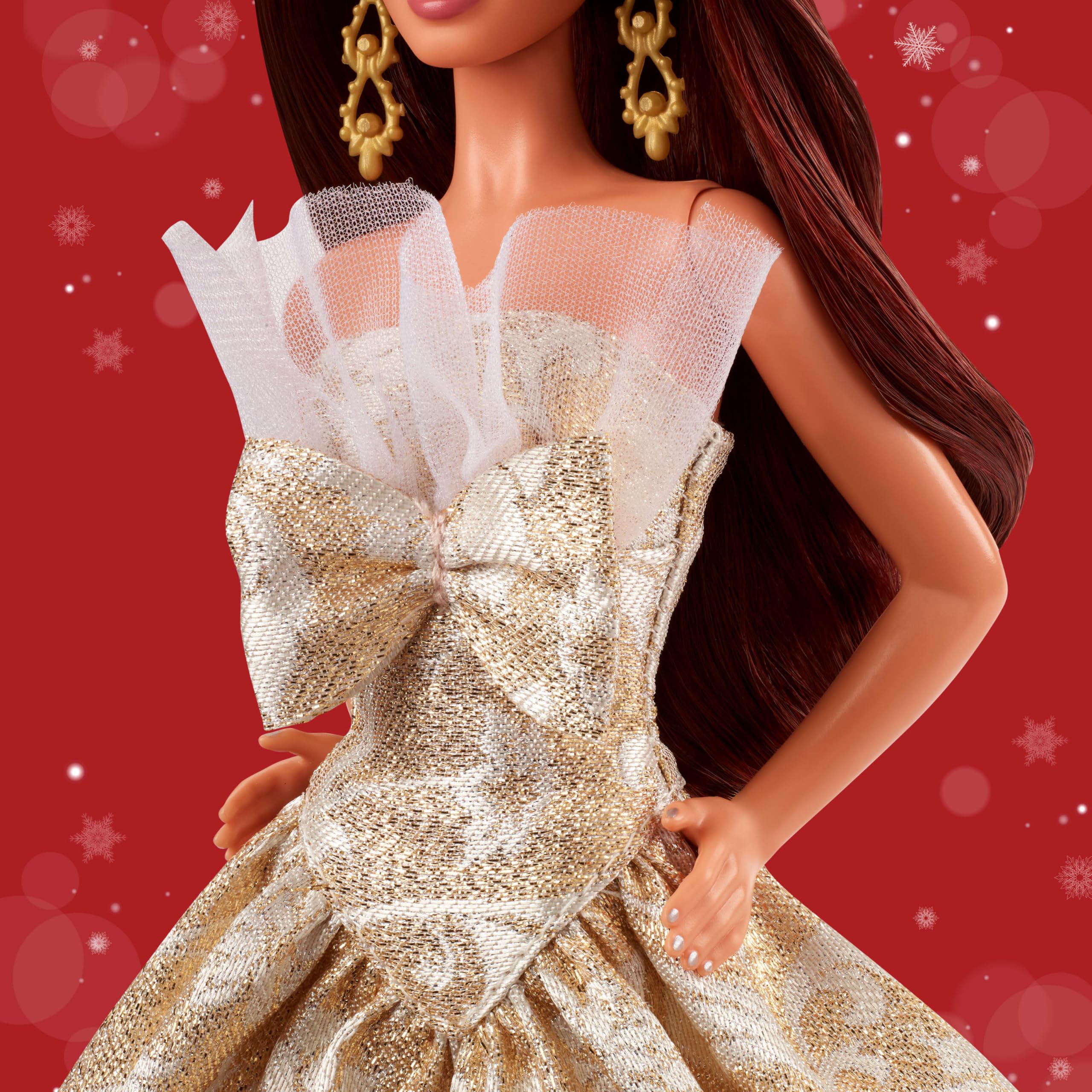 Barbie Signature 2025 Holiday strapless gown with ruffle collar for elegant seasonal photos.