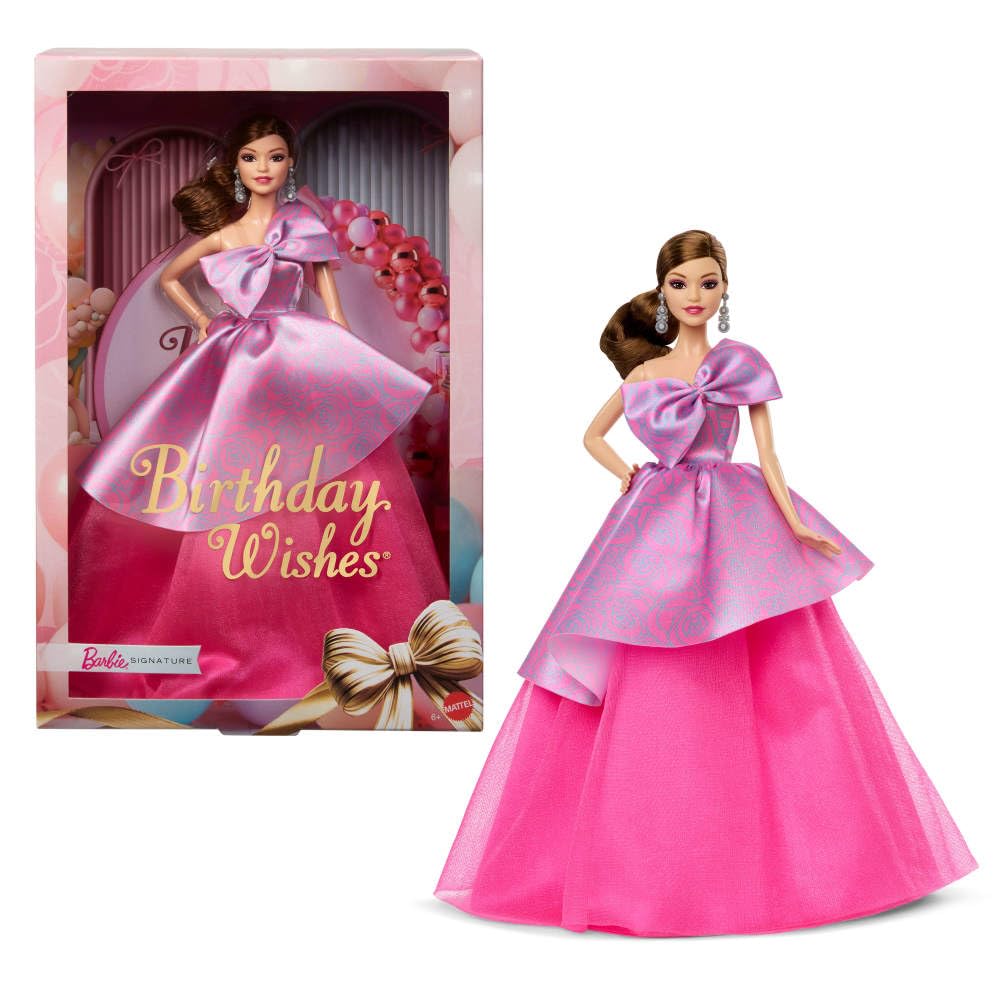 Barbie Signature Birthday Wishes doll closeup showcasing the elegant pink dress for gifting.