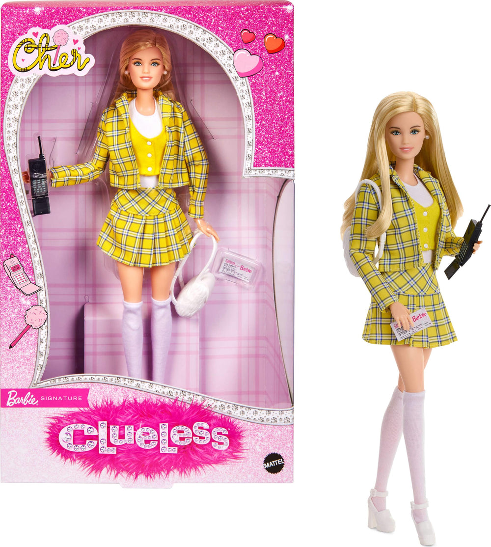 Barbie Signature Cher yellow plaid suit front view highlights iconic fashion for collectors.