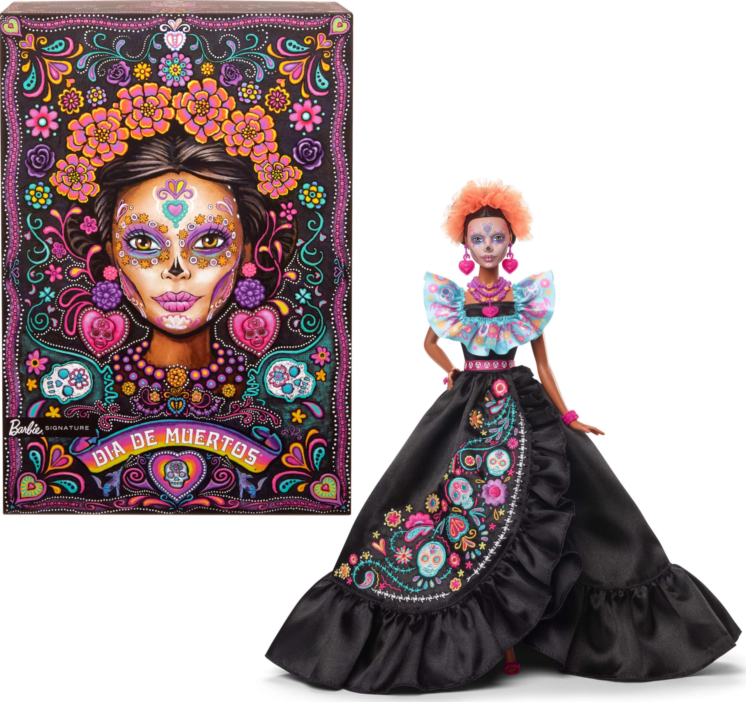 Barbie Signature Dia de Muertos doll in black dress with blue ruffle top, ideal for display.
