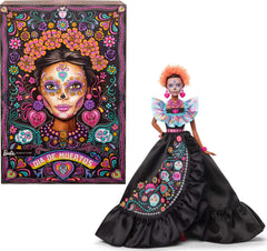 Barbie Signature Dia de Muertos doll in black dress with blue ruffle top, ideal for display.