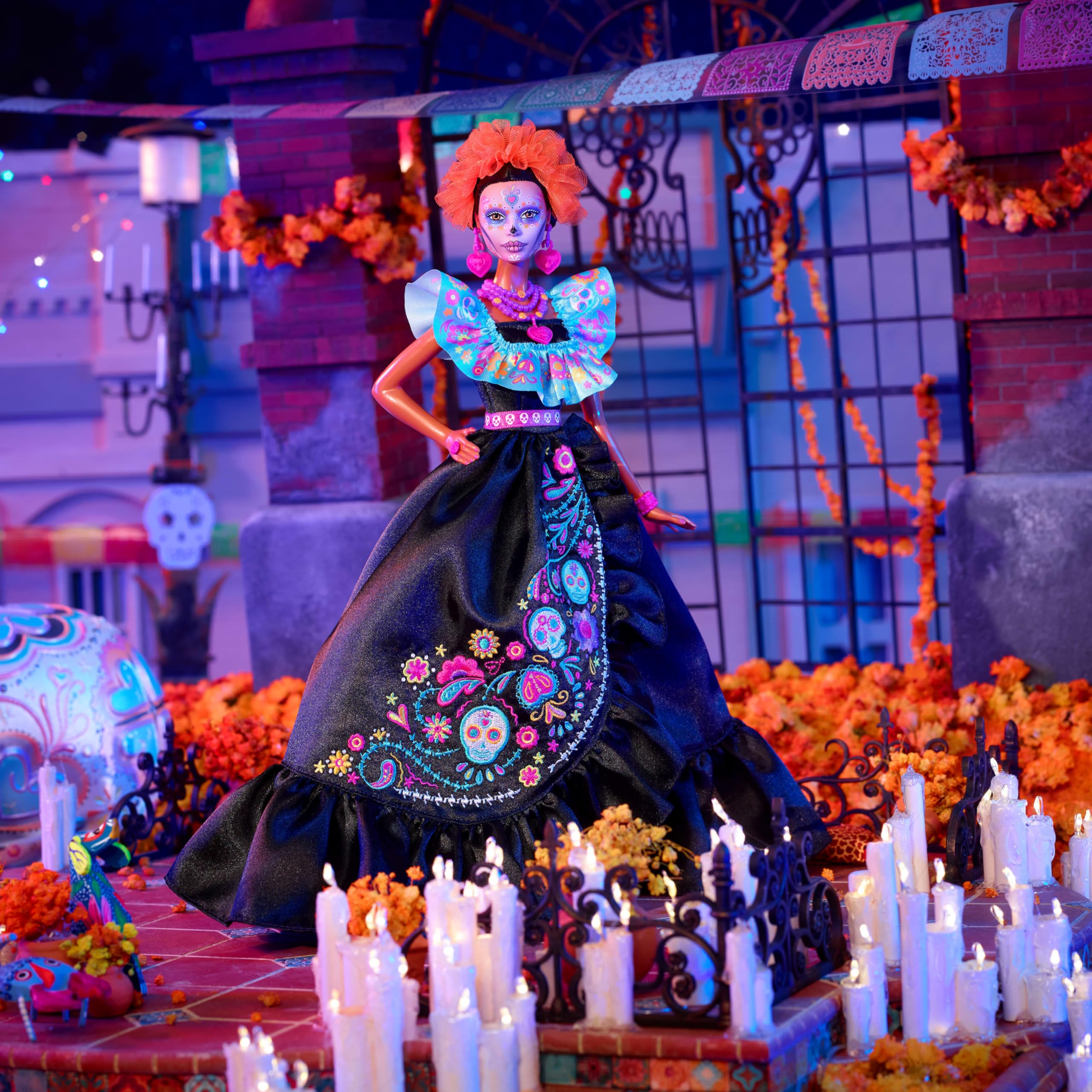 Barbie Signature Dia de Muertos embroidery print with bones and flowers on skirt.