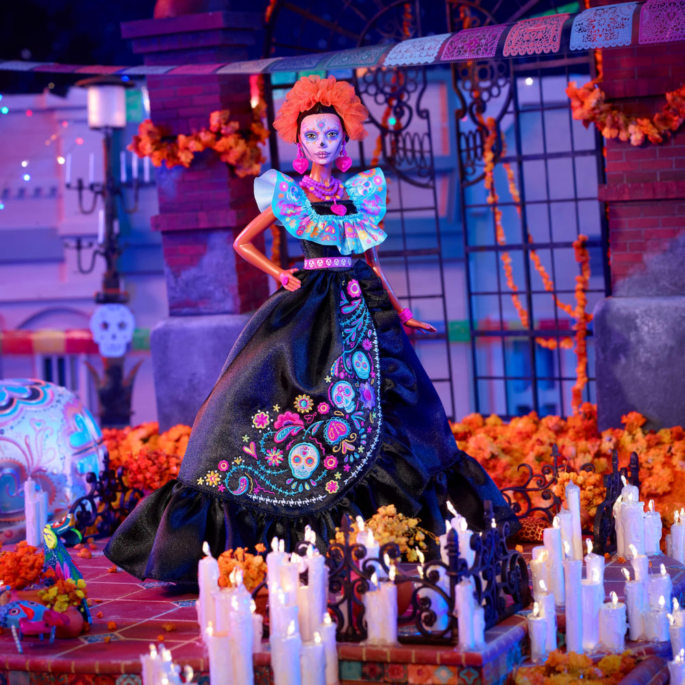 Barbie Signature Dia de Muertos embroidery print with bones and flowers on skirt.
